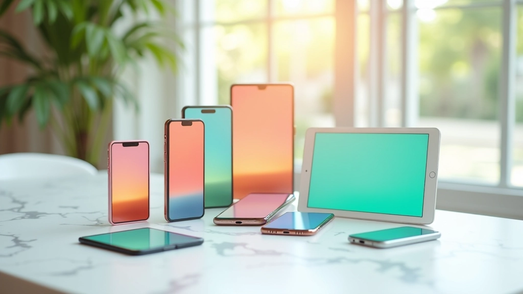 Close-up of multiple smartphones and tablets arranged on white surface displaying the same tropical website design with coral and teal colours, natural window lighting, sharp focus on screens