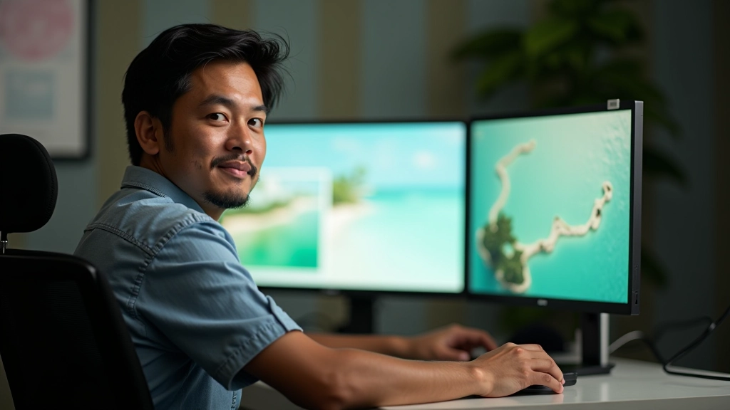 Designer testing tropical colour palette on different devices including phone, tablet, and desktop monitor in bright studio lighting