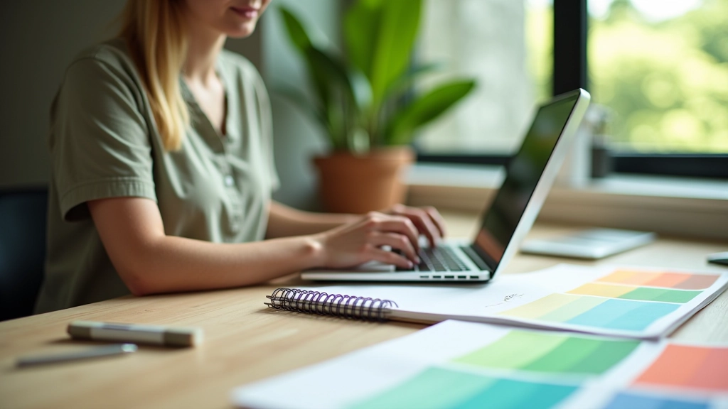 Professional web designer working with tropical colour swatches on computer displaying vibrant palette combinations