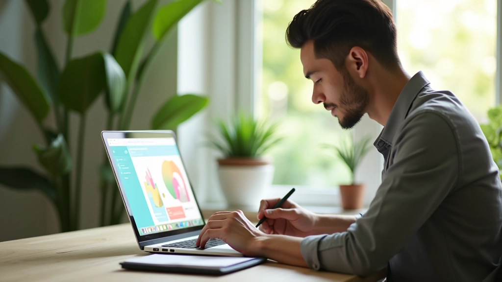 Designer adjusting colour picker on monitor showing tropical coral and teal palette refinement