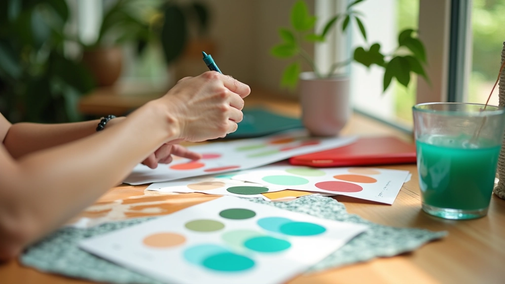 Designer working with colour swatches on a bright desk showing tropical tones of coral and teal