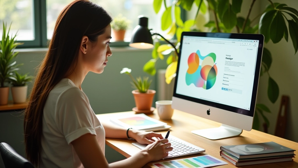 Designer working at wooden desk with colour swatches, notebooks, and design software displaying gradient palettes, bright natural studio lighting