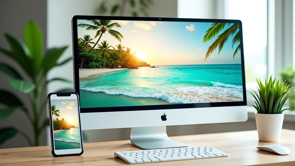 Computer monitor and smartphone side-by-side showing the same tropical website design with identical colour palette displayed in different browsers