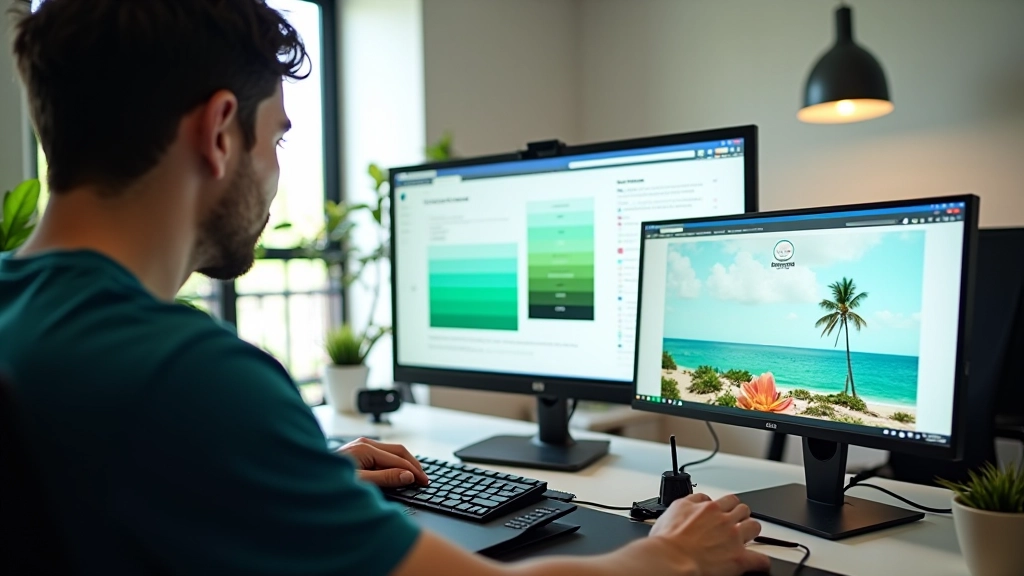 Software developer testing colour accessibility using multiple tools and colour blindness simulators on computer monitors