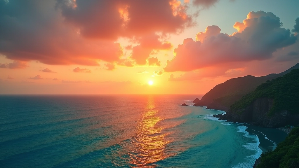 Sunset gradient sky transitioning from warm coral to deep ocean teal over Philippine coastline