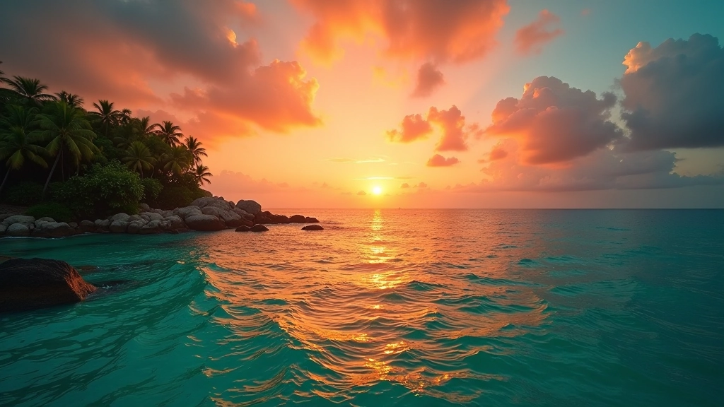 Tropical sunset gradient transitioning from warm coral to deep ocean teal reflecting Philippine coastal beauty