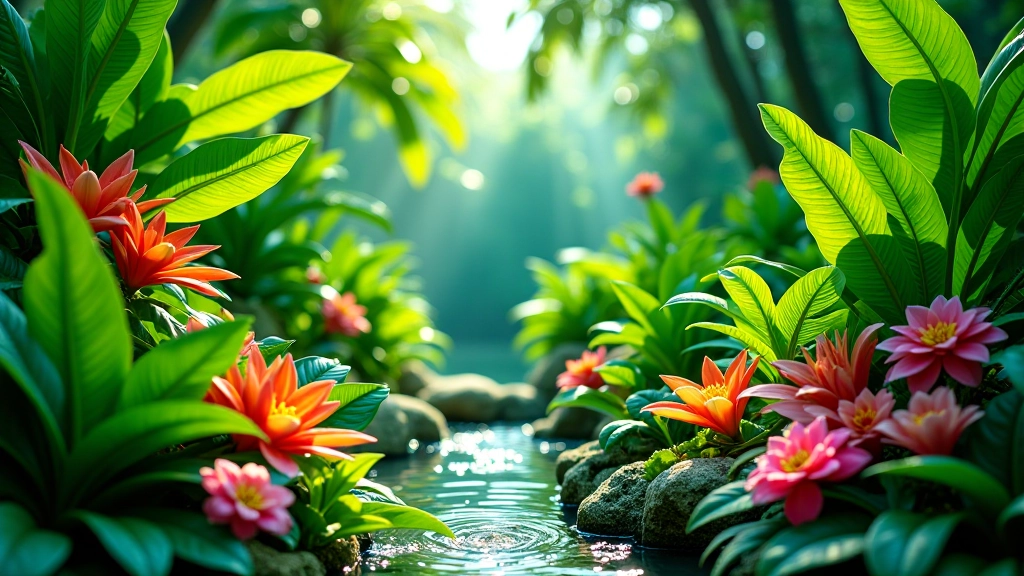 Lush tropical garden with vibrant green foliage and flowering plants showing natural colour palette inspiration