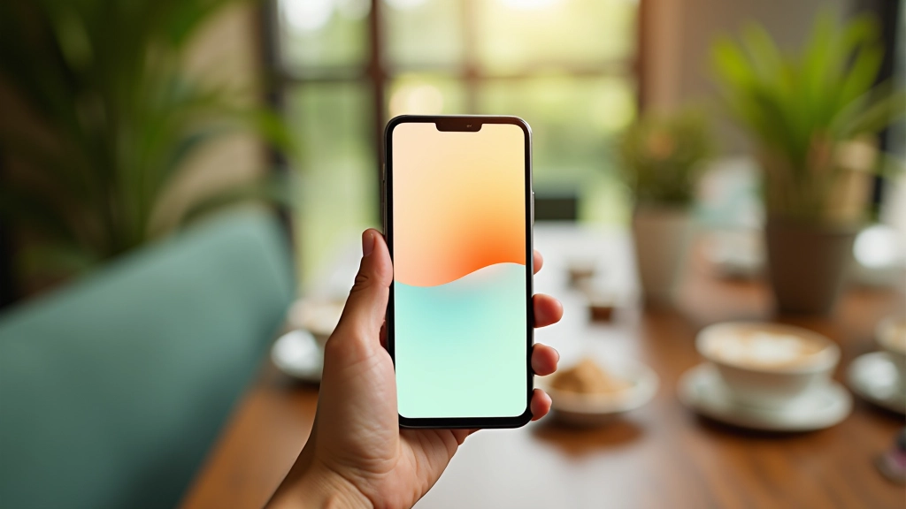 Mobile phone screen showing responsive gradient design, hand holding device at wooden table, bright natural lighting