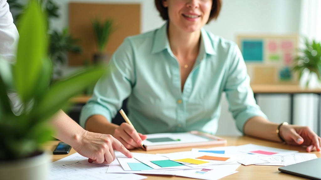 Design studio workspace with tropical color palette swatches and materials