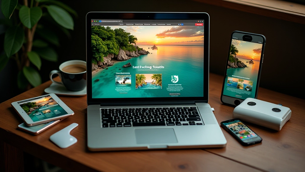 Responsive design testing showing tropical colour schemes across desktop mobile and tablet screens with proper text contrast