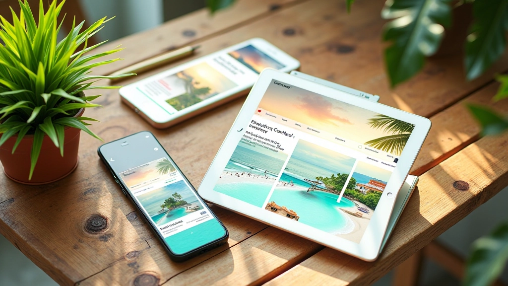 Multiple devices including smartphone tablet and desktop showing responsive tropical colour design