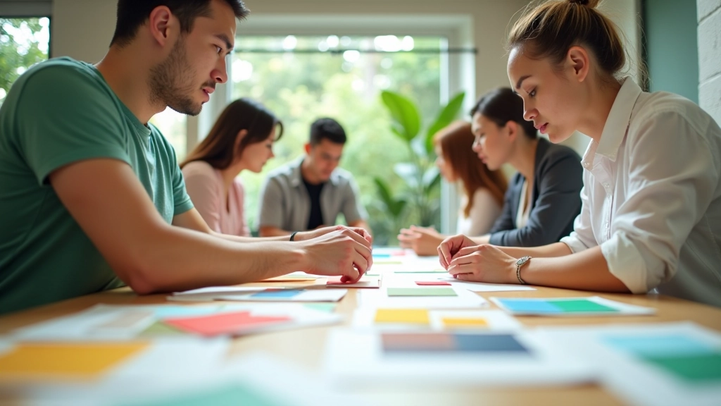 Team collaborating on tropical colour palette design showing coral, teal and green tone combinations on large monitor