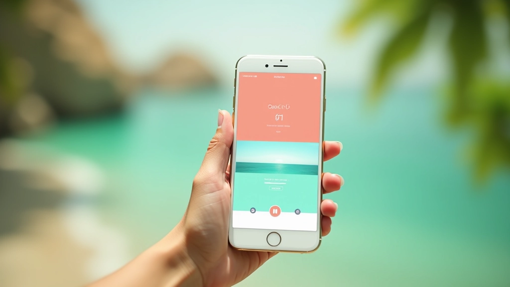 Tropical website design displayed on mobile phone with coral headline, teal accent buttons, and white background showing readable text contrast in bright natural light