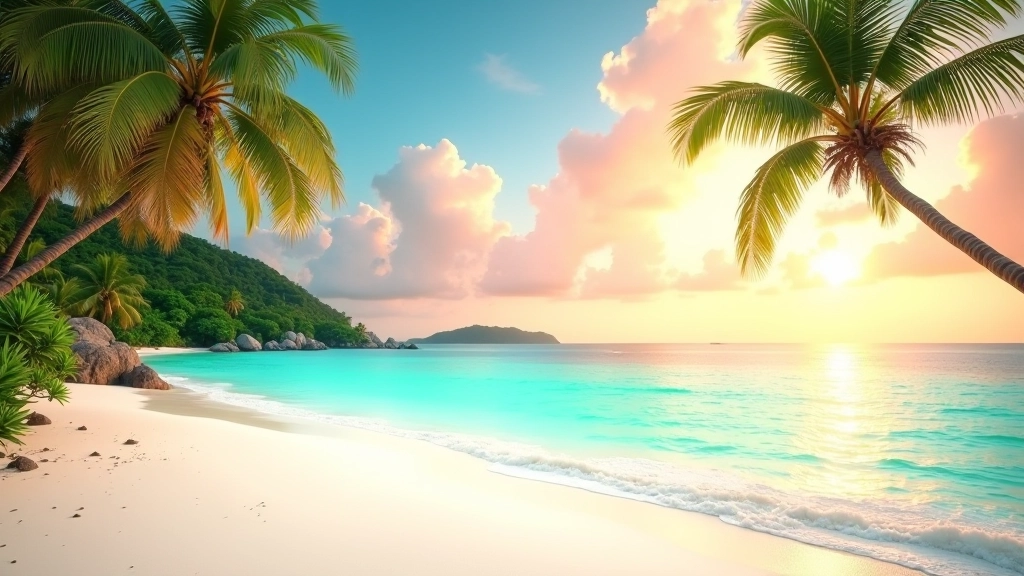Beautiful tropical island beach with turquoise waters and vibrant sunset colors